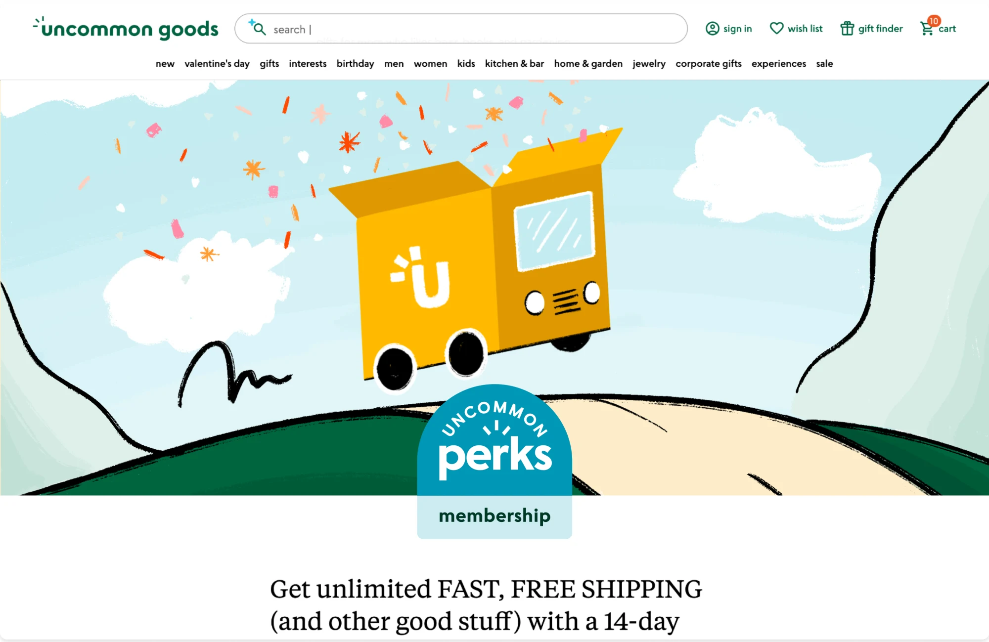 Uncommon Perks landing page — the hero illustration I developed, the U delivery truck cresting a hill